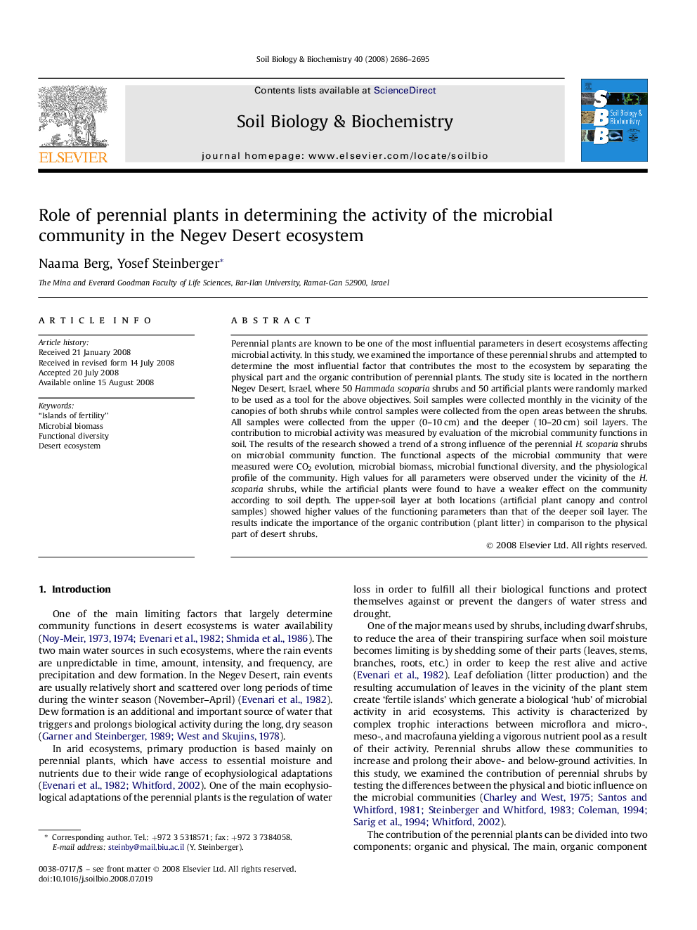 Role of perennial plants in determining the activity of the microbial community in the Negev Desert ecosystem