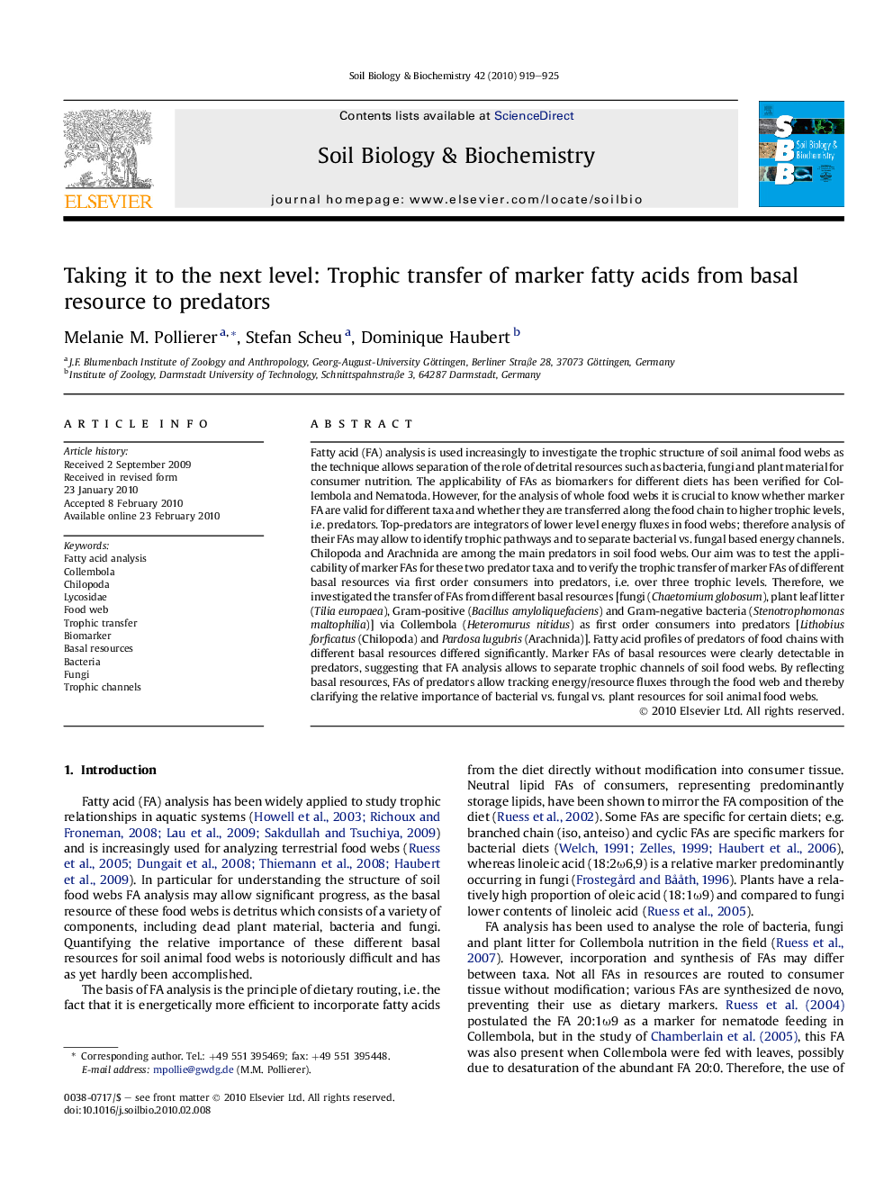 Taking it to the next level: Trophic transfer of marker fatty acids from basal resource to predators