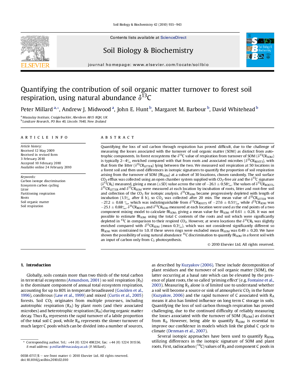 Quantifying the contribution of soil organic matter turnover to forest soil respiration, using natural abundance Î´13C