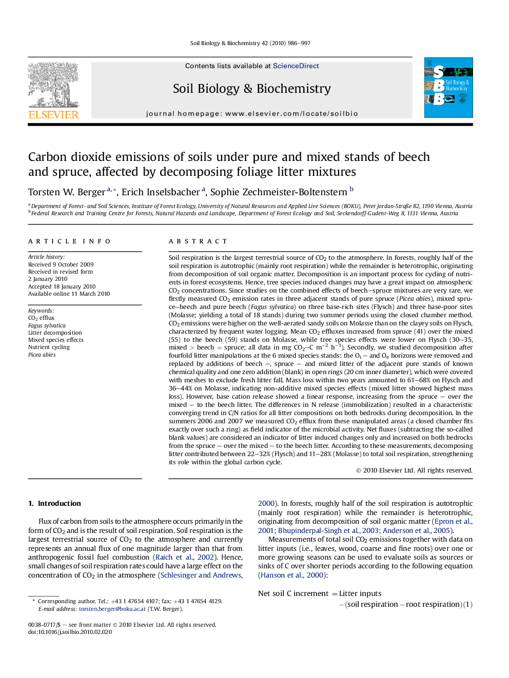 Carbon dioxide emissions of soils under pure and mixed stands of beech and spruce, affected by decomposing foliage litter mixtures