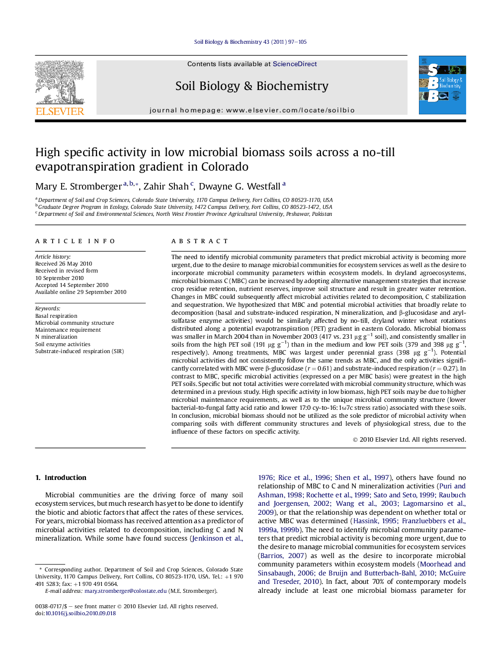 High specific activity in low microbial biomass soils across a no-till evapotranspiration gradient in Colorado