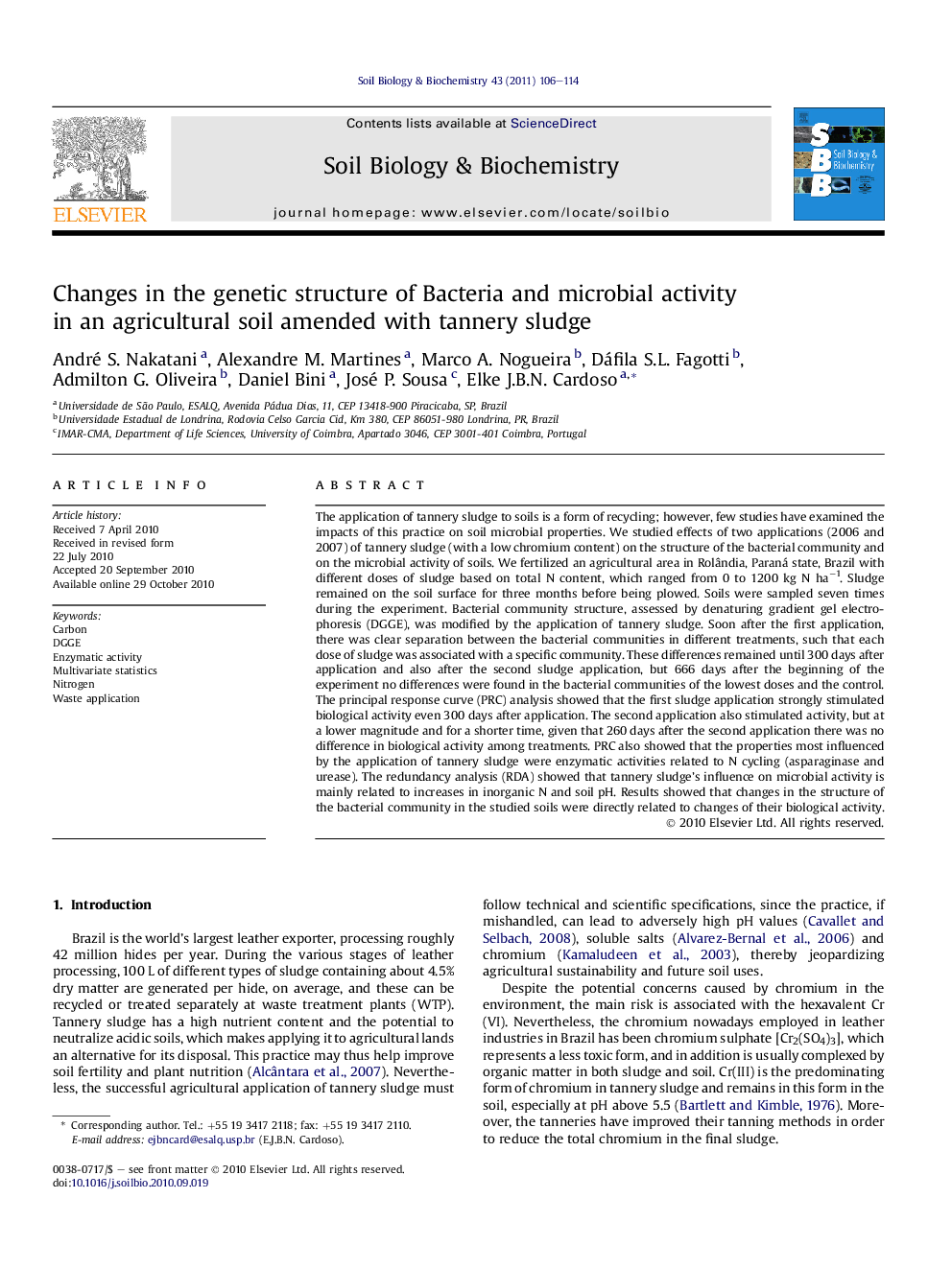 Changes in the genetic structure of Bacteria and microbial activity in an agricultural soil amended with tannery sludge