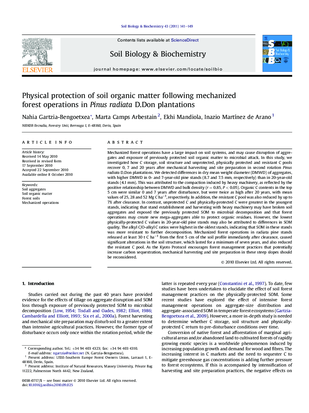 Physical protection of soil organic matter following mechanized forest operations in Pinus radiata D.Don plantations