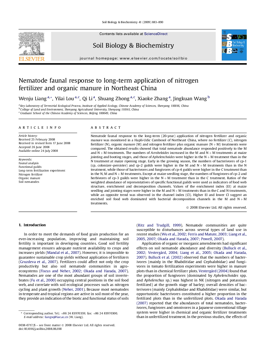 Nematode faunal response to long-term application of nitrogen fertilizer and organic manure in Northeast China