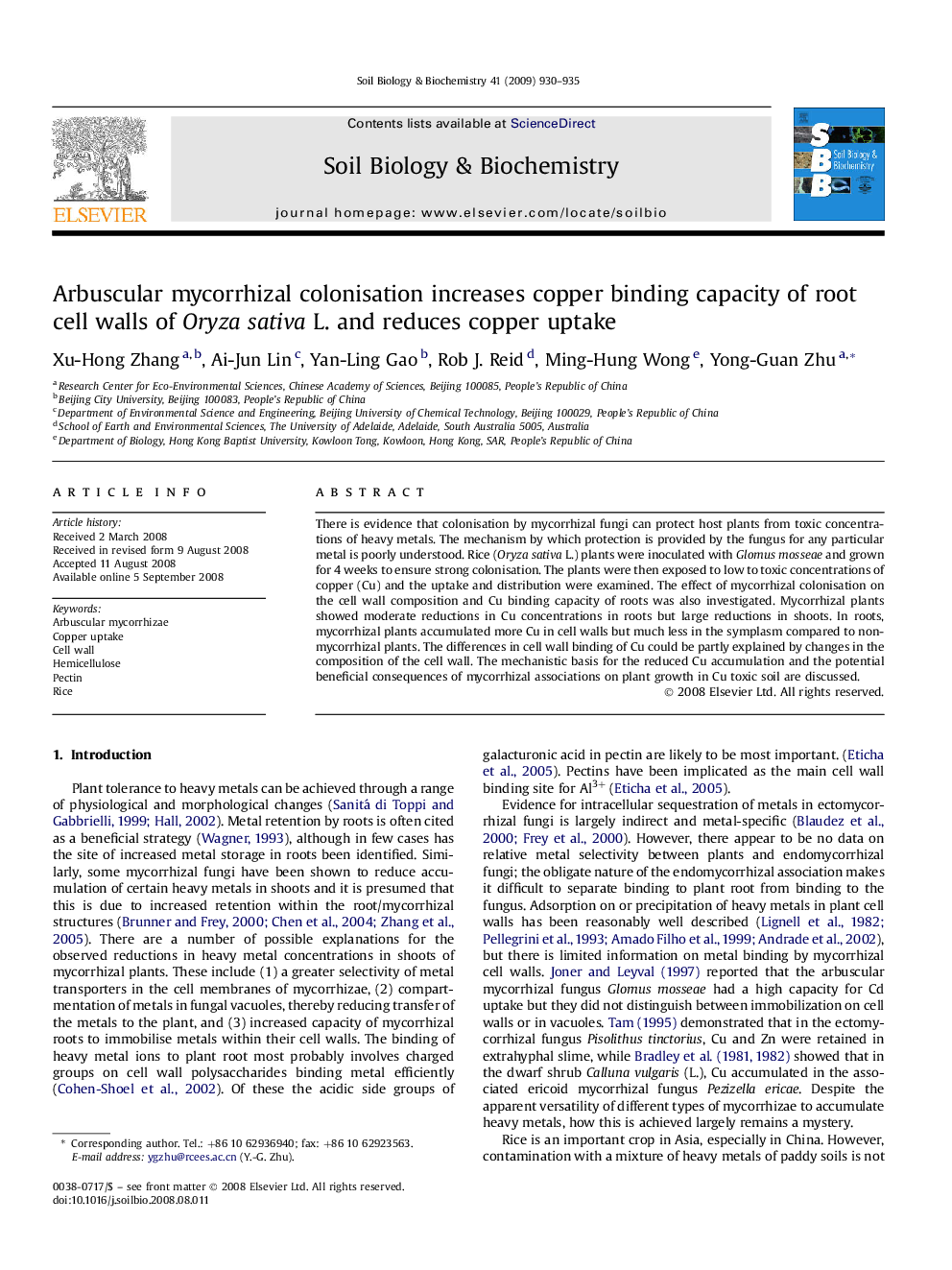 Arbuscular mycorrhizal colonisation increases copper binding capacity of root cell walls of Oryza sativa L. and reduces copper uptake