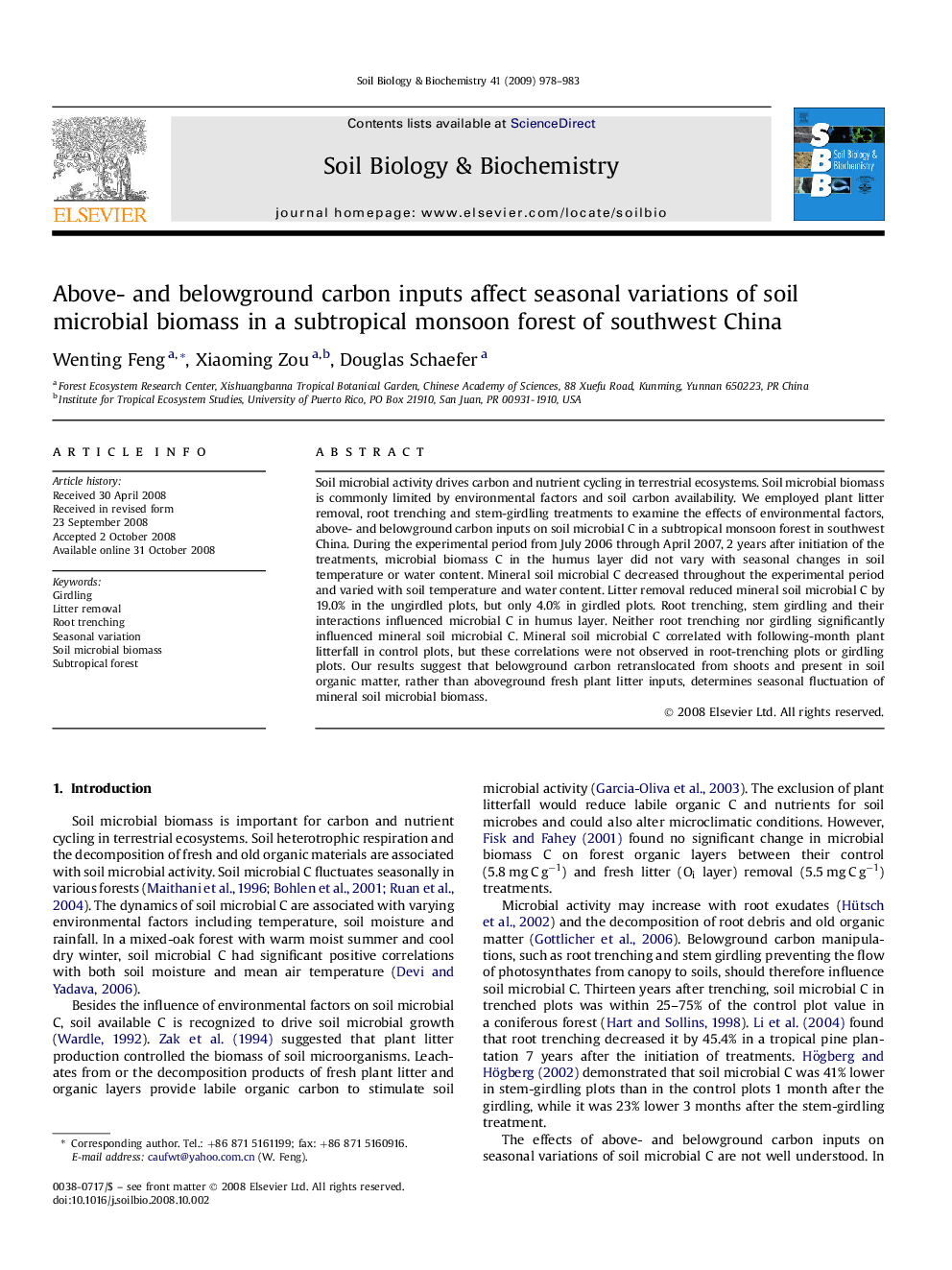 Above- and belowground carbon inputs affect seasonal variations of soil microbial biomass in a subtropical monsoon forest of southwest China