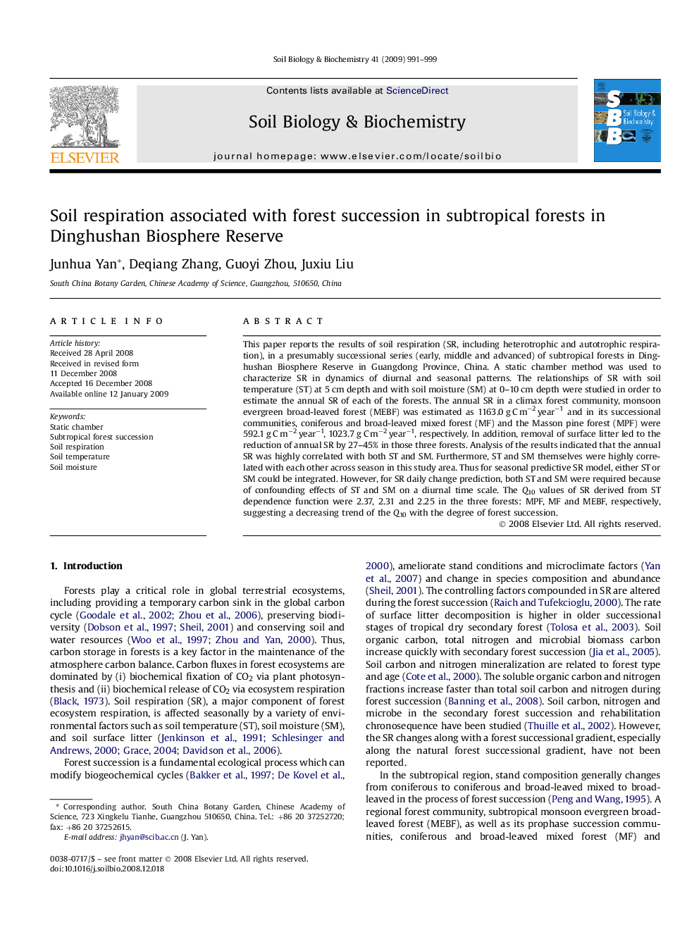 Soil respiration associated with forest succession in subtropical forests in Dinghushan Biosphere Reserve