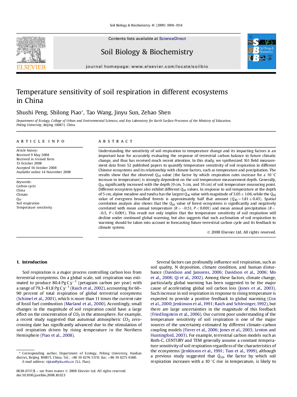 Temperature sensitivity of soil respiration in different ecosystems in China