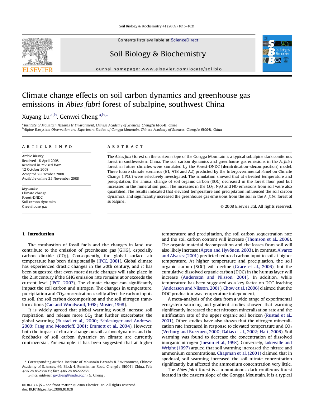 Climate change effects on soil carbon dynamics and greenhouse gas emissions in Abies fabri forest of subalpine, southwest China