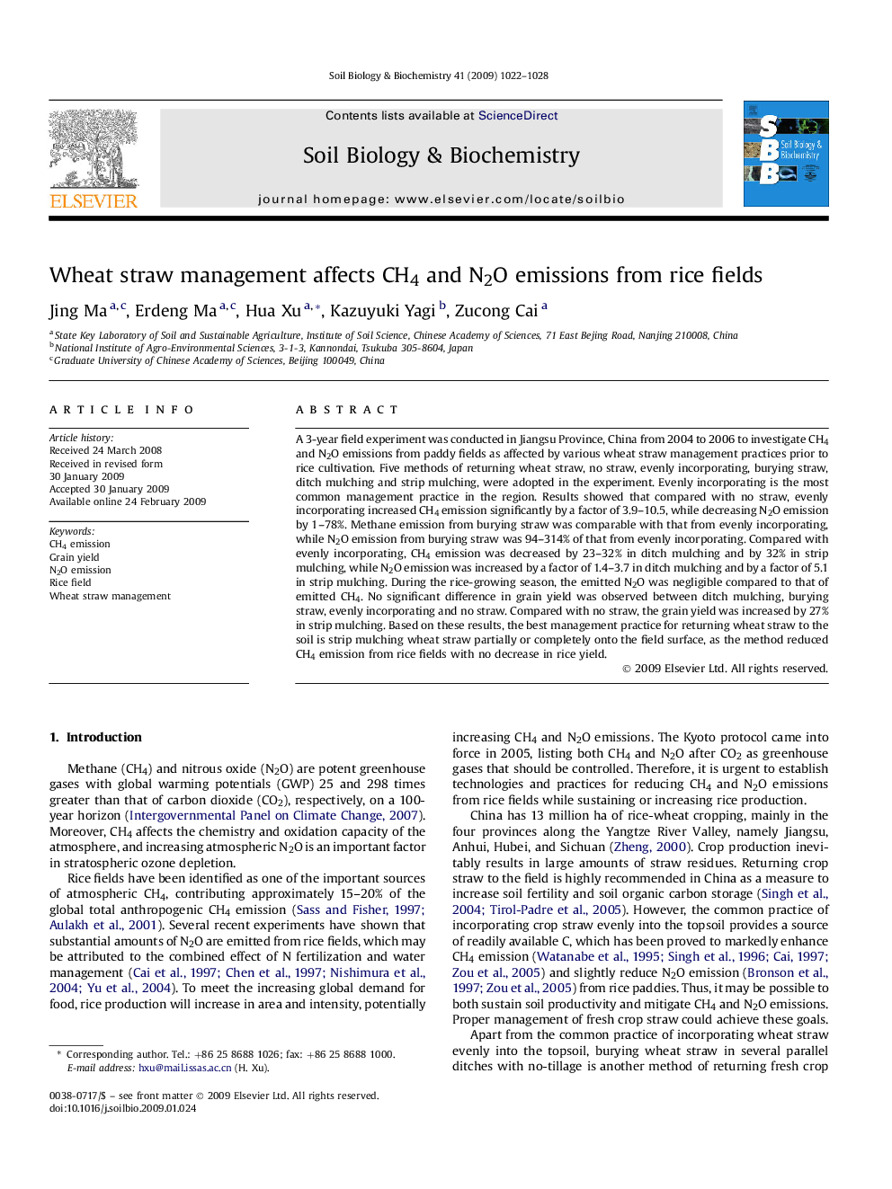 Wheat straw management affects CH4 and N2O emissions from rice fields