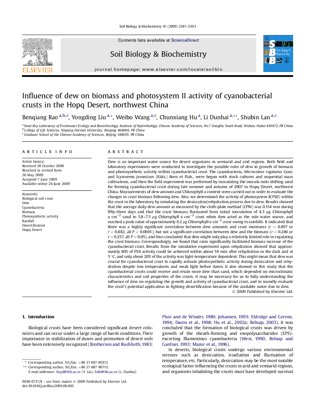 Influence of dew on biomass and photosystem II activity of cyanobacterial crusts in the Hopq Desert, northwest China