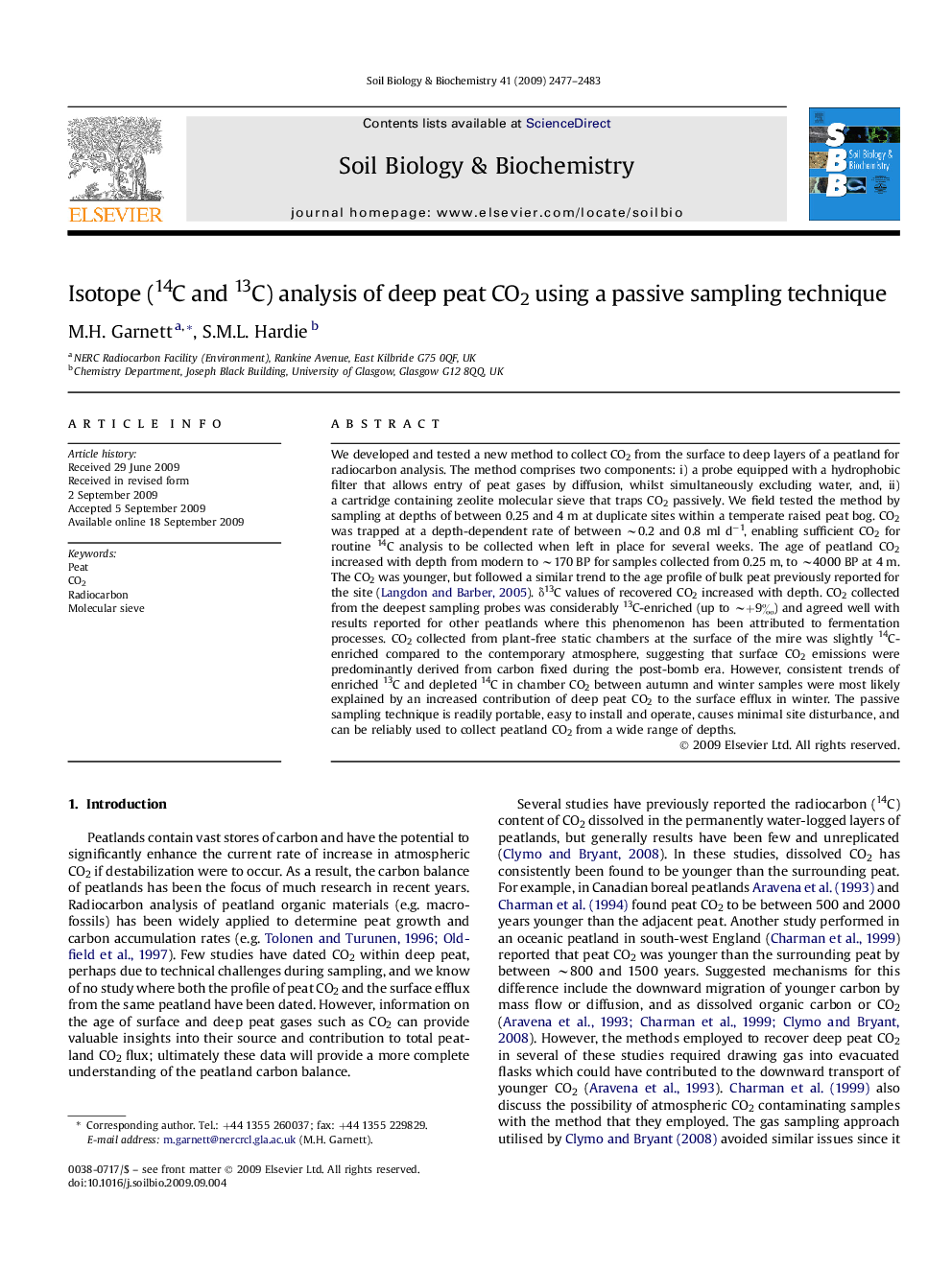 Isotope (14C and 13C) analysis of deep peat CO2 using a passive sampling technique