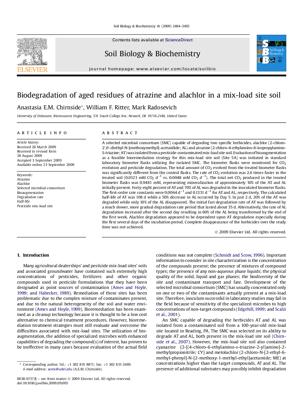 Biodegradation of aged residues of atrazine and alachlor in a mix-load site soil