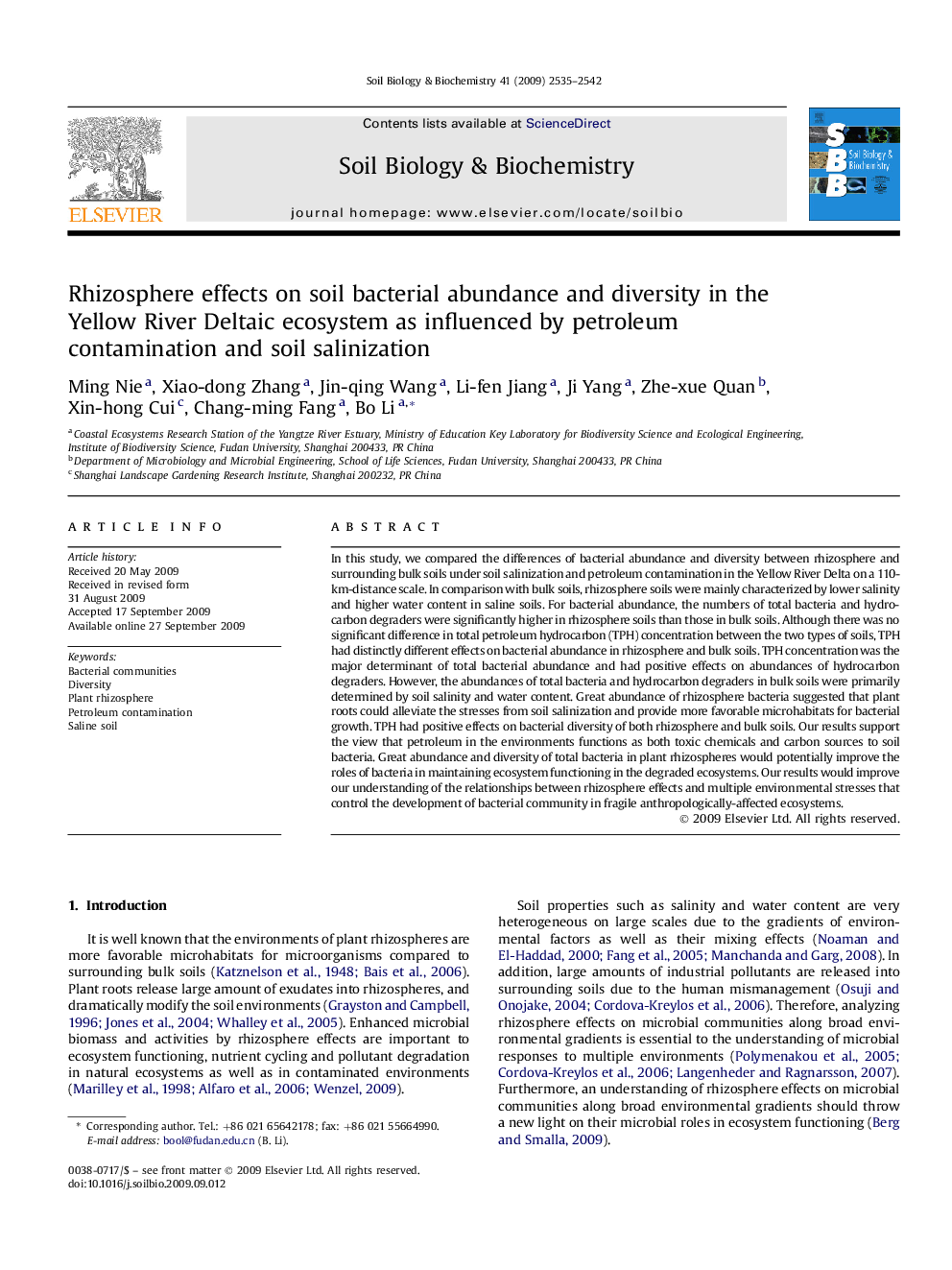 Rhizosphere effects on soil bacterial abundance and diversity in the Yellow River Deltaic ecosystem as influenced by petroleum contamination and soil salinization