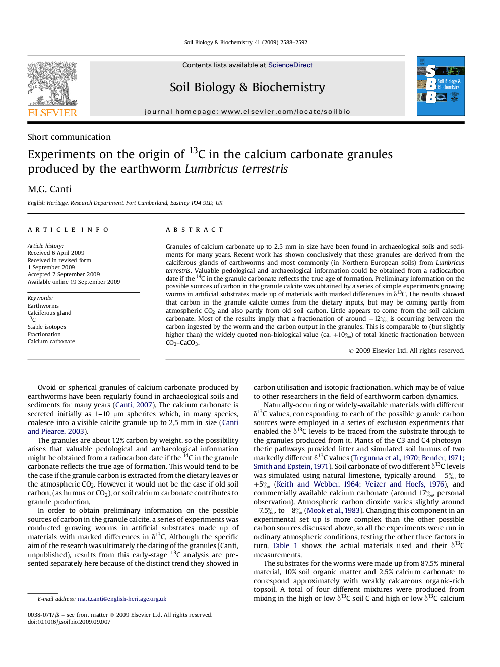 Experiments on the origin of 13C in the calcium carbonate granules produced by the earthworm Lumbricus terrestris