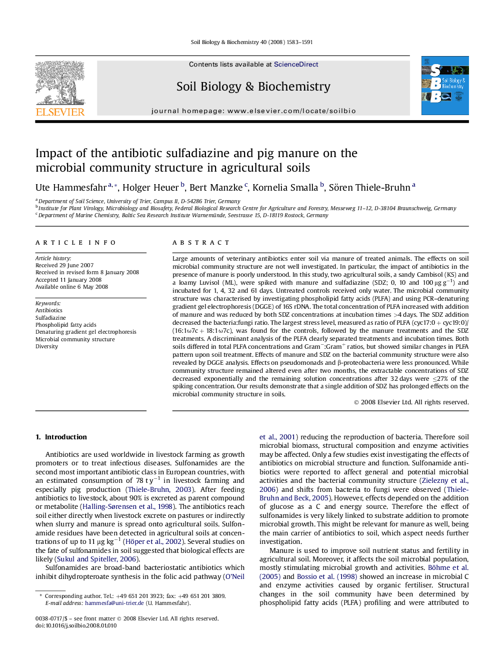 Impact of the antibiotic sulfadiazine and pig manure on the microbial community structure in agricultural soils