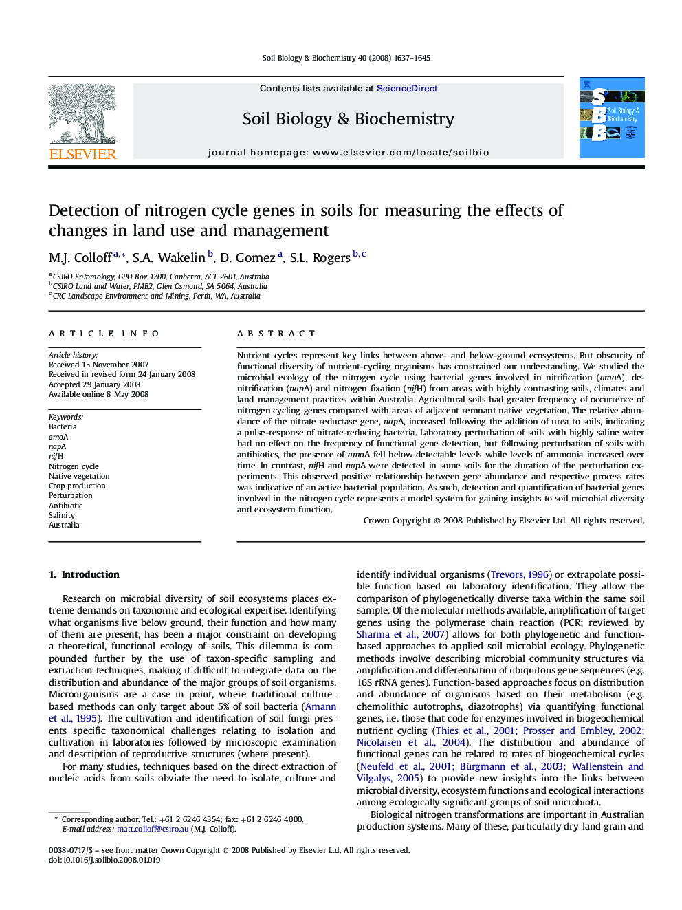 Detection of nitrogen cycle genes in soils for measuring the effects of changes in land use and management