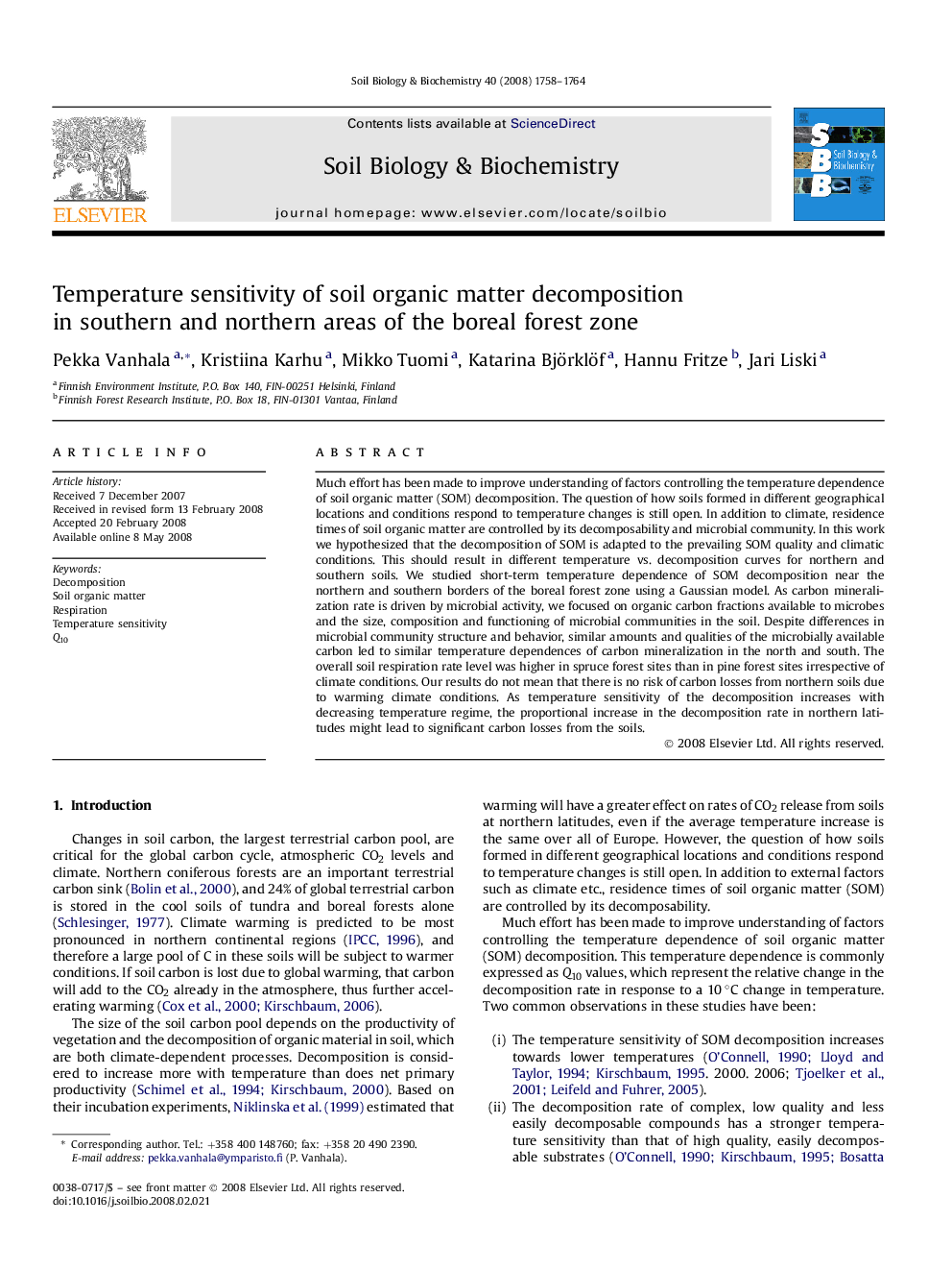 Temperature sensitivity of soil organic matter decomposition in southern and northern areas of the boreal forest zone