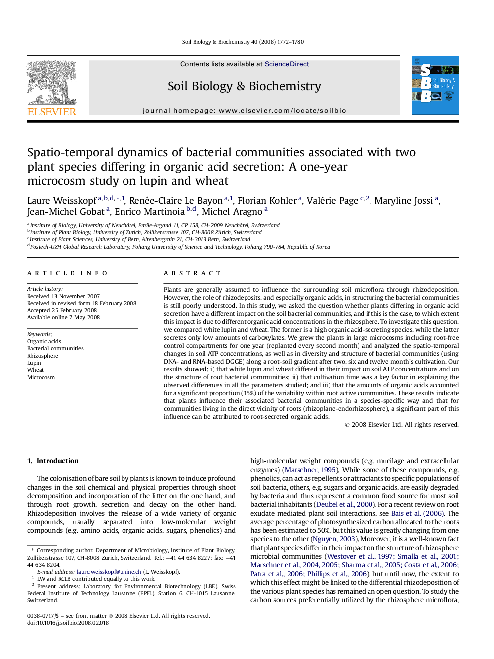 Spatio-temporal dynamics of bacterial communities associated with two plant species differing in organic acid secretion: A one-year microcosm study on lupin and wheat