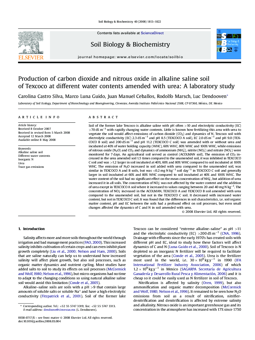 Production of carbon dioxide and nitrous oxide in alkaline saline soil of Texcoco at different water contents amended with urea: A laboratory study