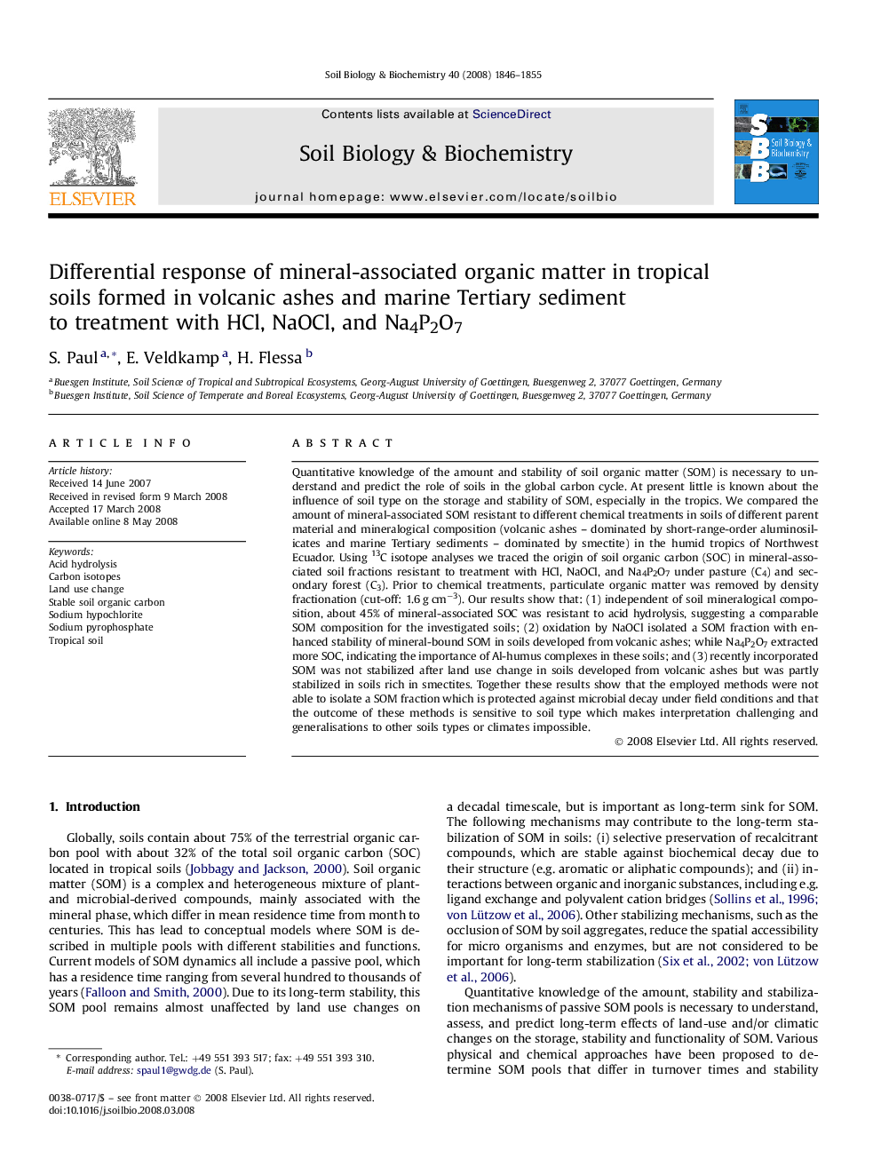 Differential response of mineral-associated organic matter in tropical soils formed in volcanic ashes and marine Tertiary sediment to treatment with HCl, NaOCl, and Na4P2O7