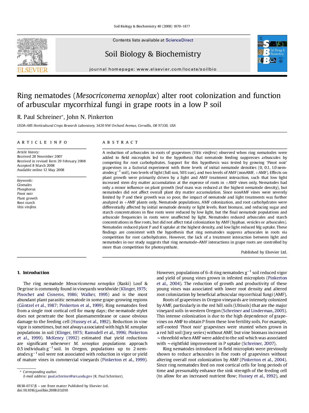 Ring nematodes (Mesocriconema xenoplax) alter root colonization and function of arbuscular mycorrhizal fungi in grape roots in a low P soil