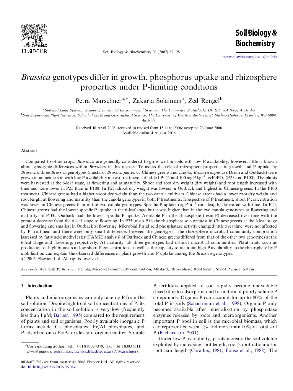 Brassica genotypes differ in growth, phosphorus uptake and rhizosphere properties under P-limiting conditions