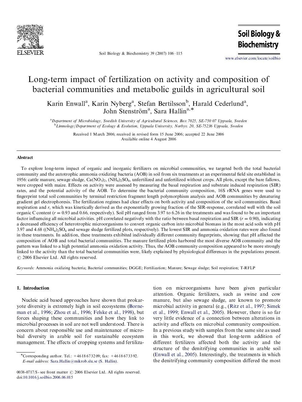 Long-term impact of fertilization on activity and composition of bacterial communities and metabolic guilds in agricultural soil