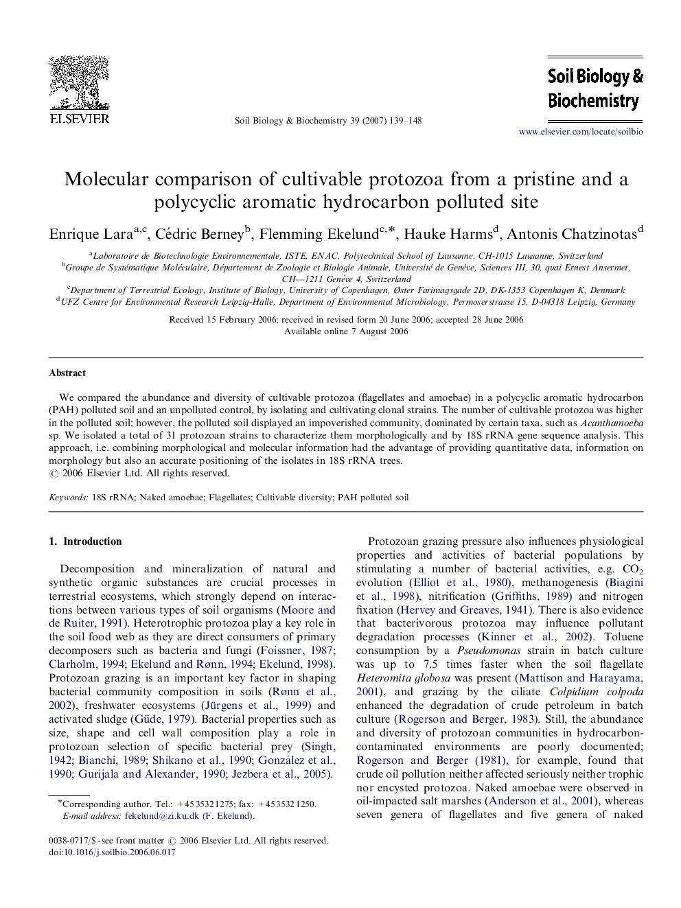 Molecular comparison of cultivable protozoa from a pristine and a polycyclic aromatic hydrocarbon polluted site