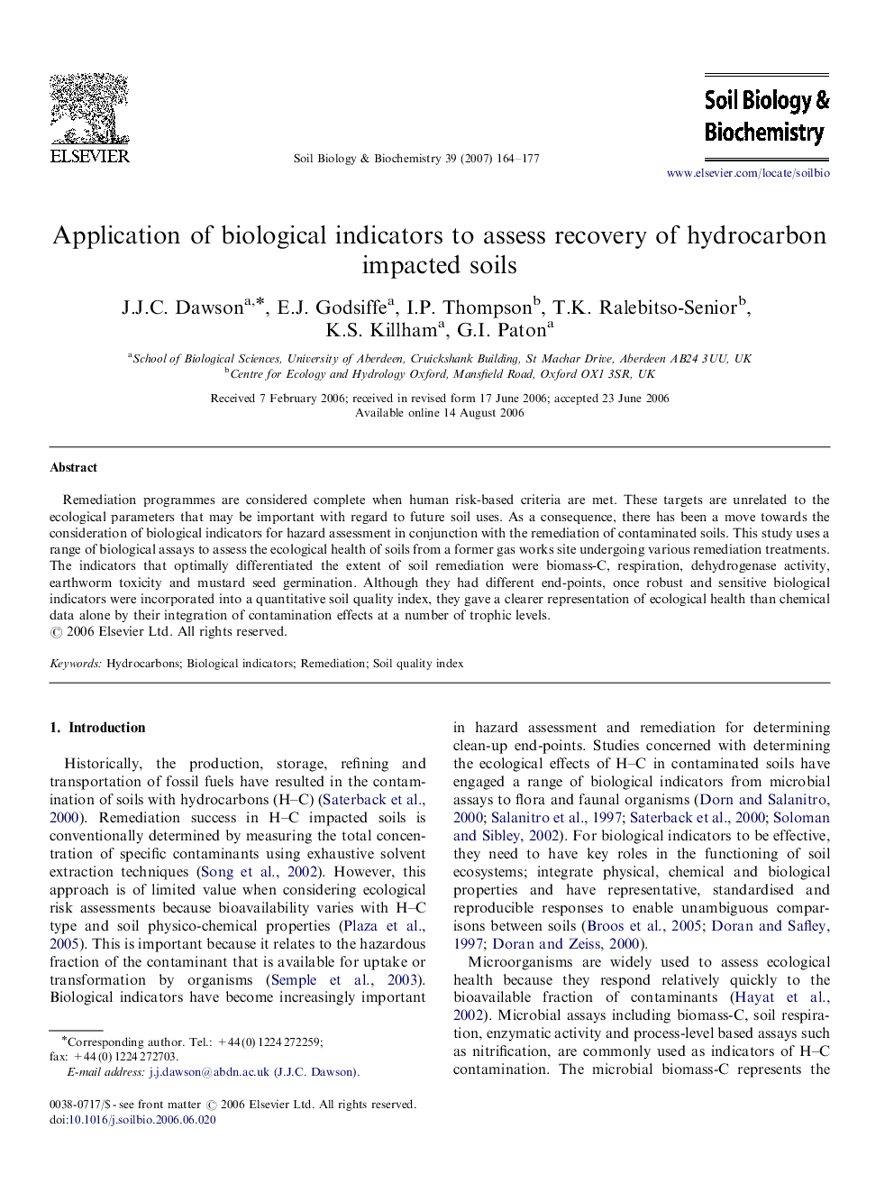 Application of biological indicators to assess recovery of hydrocarbon impacted soils