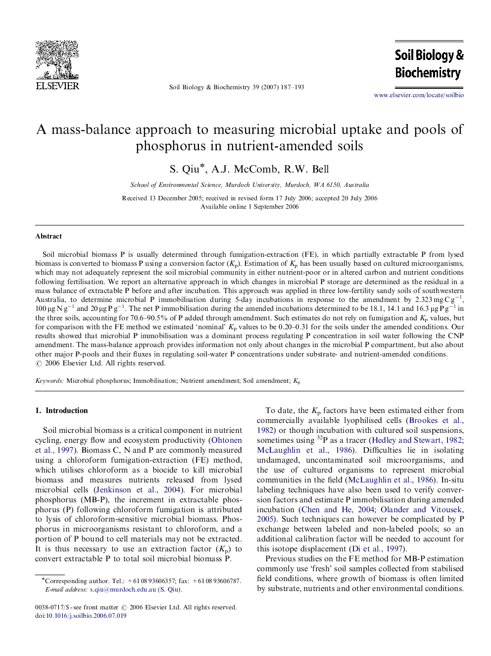 A mass-balance approach to measuring microbial uptake and pools of phosphorus in nutrient-amended soils