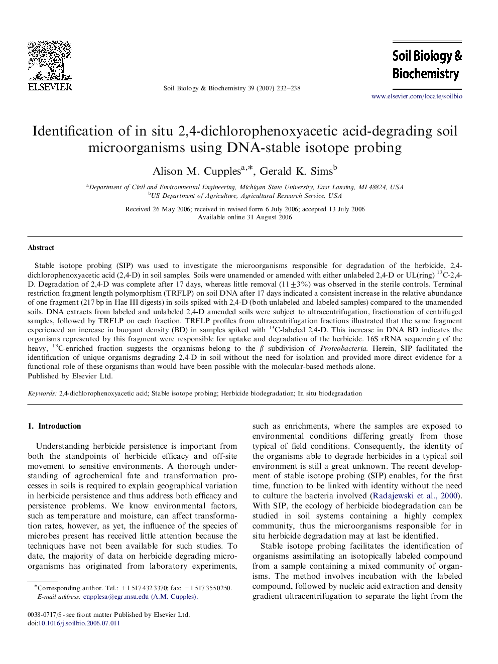 Identification of in situ 2,4-dichlorophenoxyacetic acid-degrading soil microorganisms using DNA-stable isotope probing