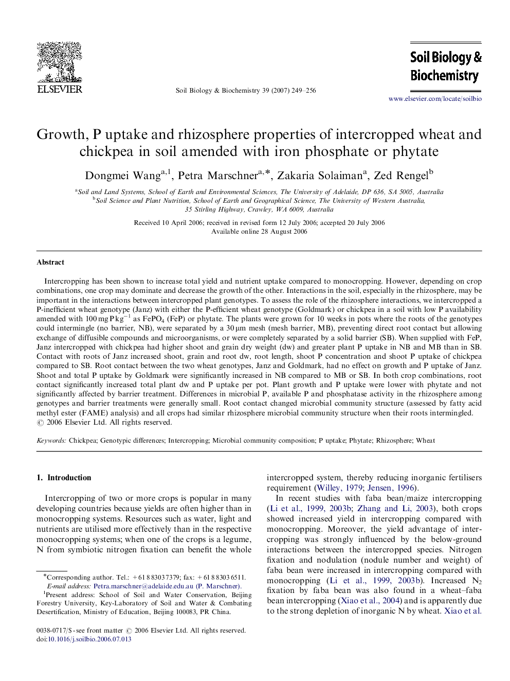 Growth, P uptake and rhizosphere properties of intercropped wheat and chickpea in soil amended with iron phosphate or phytate