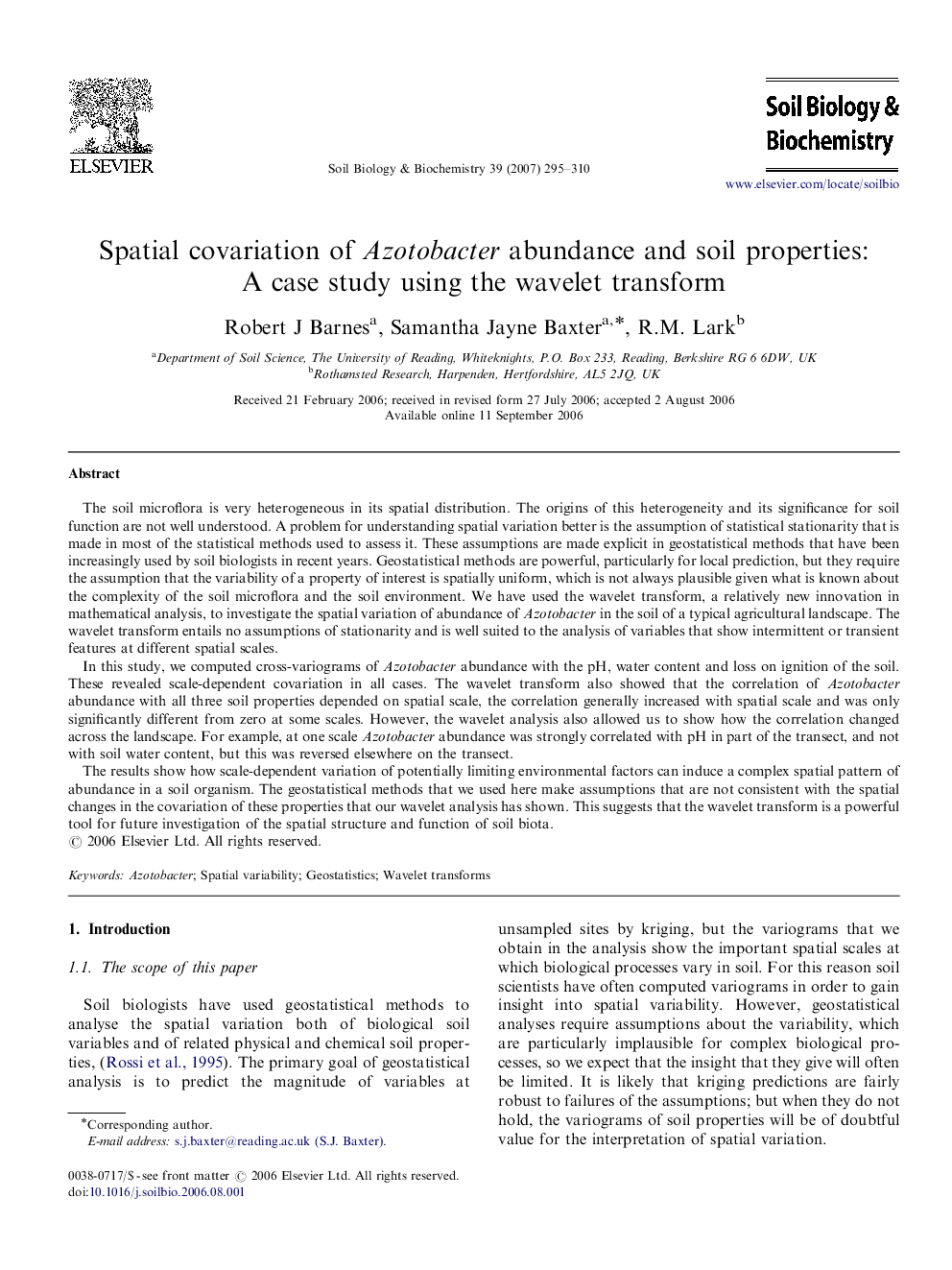 Spatial covariation of Azotobacter abundance and soil properties: A case study using the wavelet transform