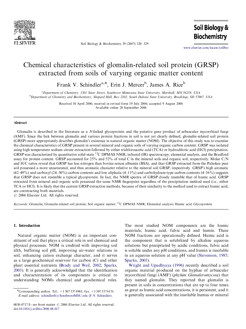 Chemical characteristics of glomalin-related soil protein (GRSP) extracted from soils of varying organic matter content