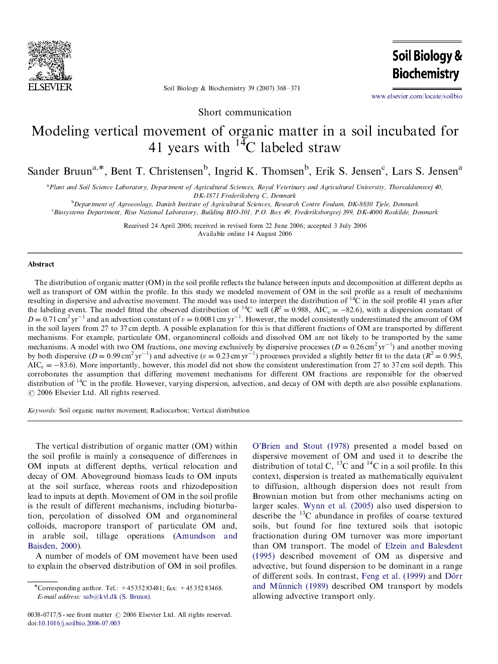 Modeling vertical movement of organic matter in a soil incubated for 41 years with 14C labeled straw