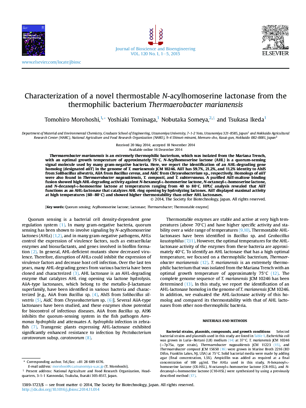 Characterization of a novel thermostable N-acylhomoserine lactonase from the thermophilic bacterium Thermaerobacter marianensis