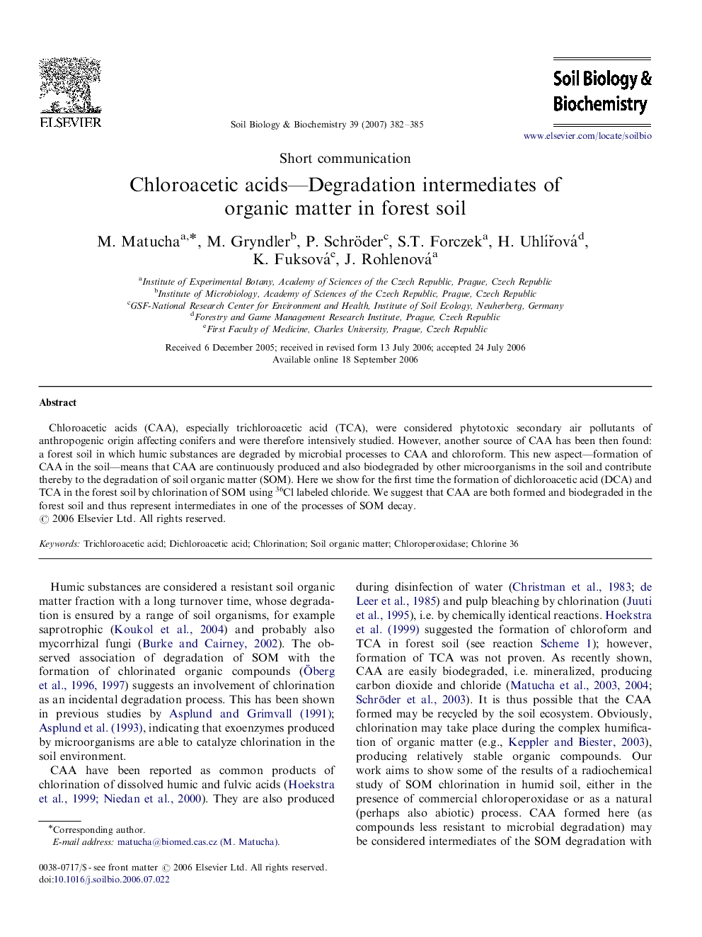 Chloroacetic acids—Degradation intermediates of organic matter in forest soil