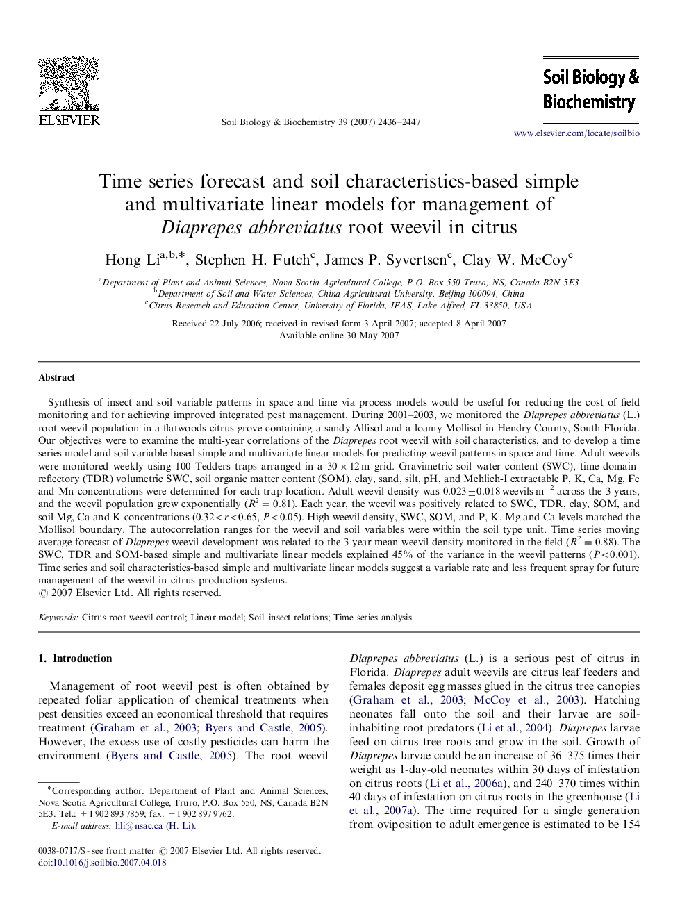 Time series forecast and soil characteristics-based simple and multivariate linear models for management of Diaprepes abbreviatus root weevil in citrus