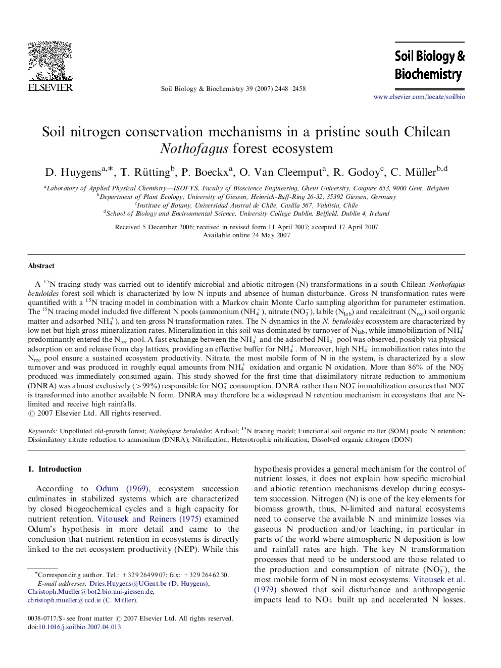 Soil nitrogen conservation mechanisms in a pristine south Chilean Nothofagus forest ecosystem