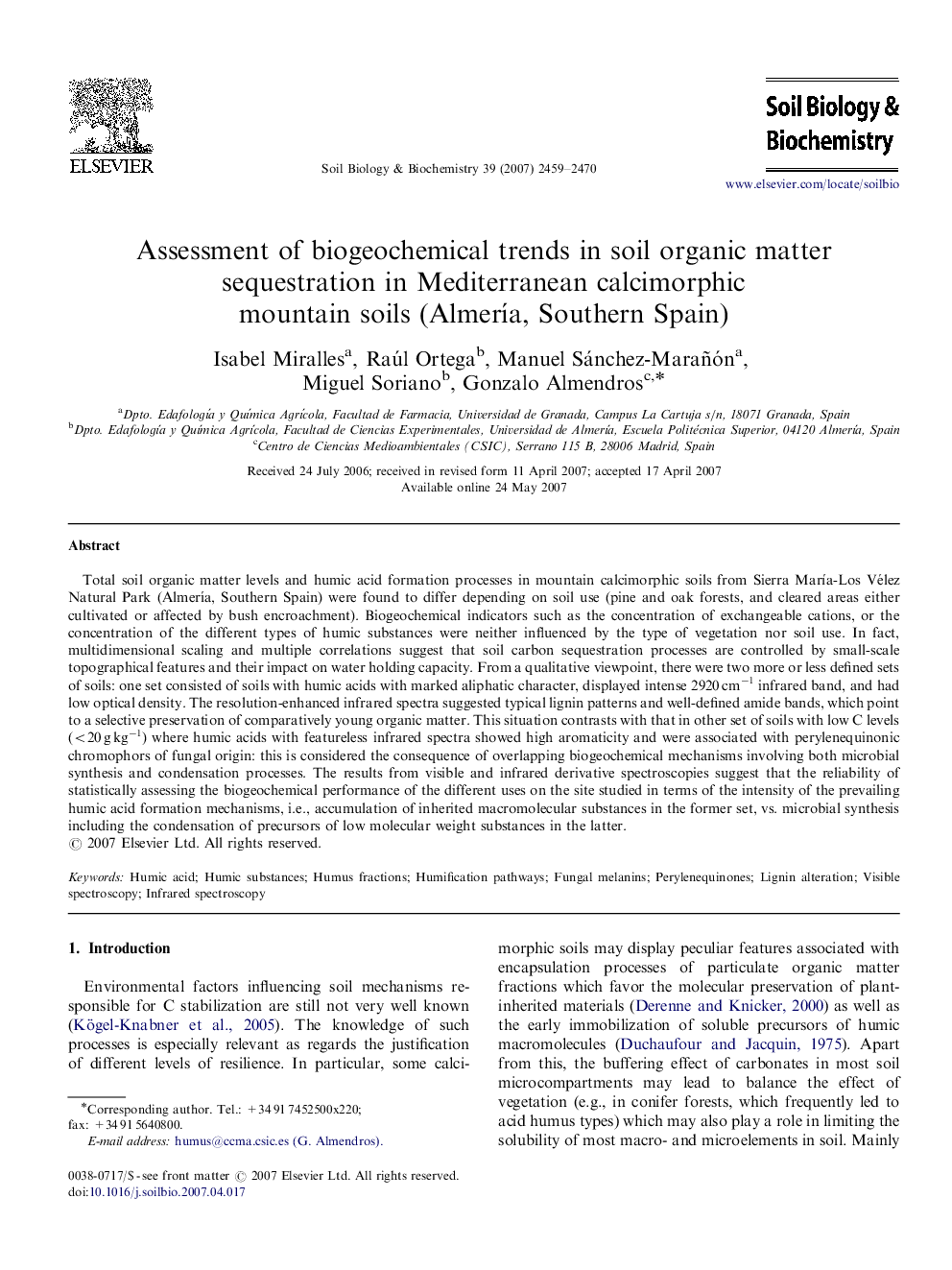 Assessment of biogeochemical trends in soil organic matter sequestration in Mediterranean calcimorphic mountain soils (Almería, Southern Spain)