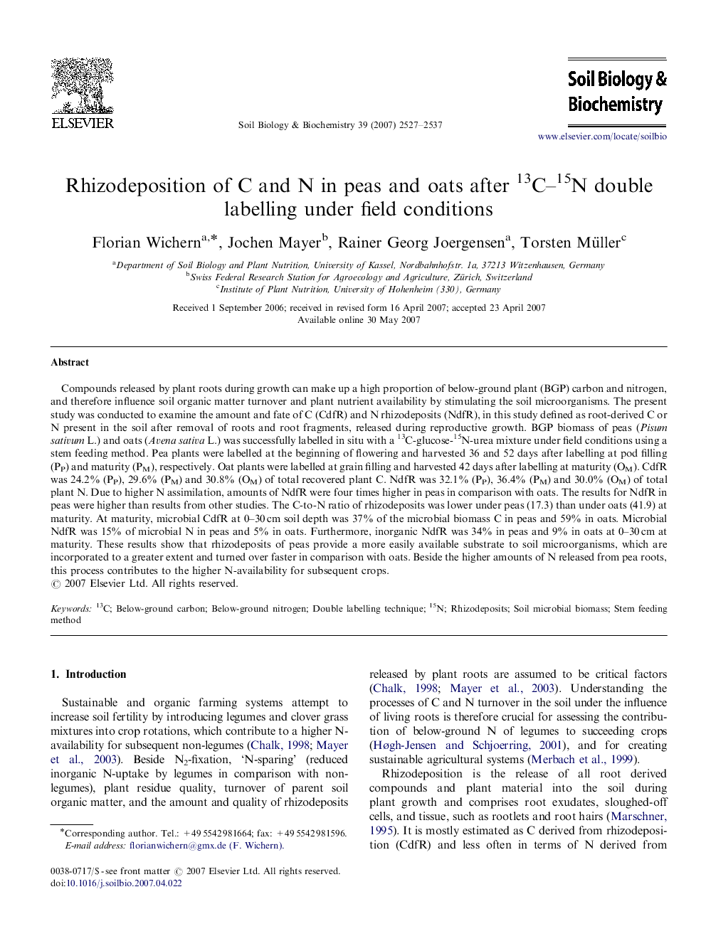 Rhizodeposition of C and N in peas and oats after 13C–15N double labelling under field conditions