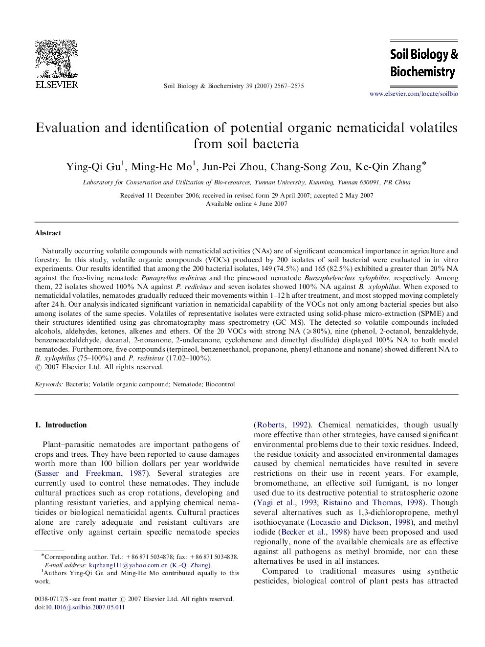 Evaluation and identification of potential organic nematicidal volatiles from soil bacteria