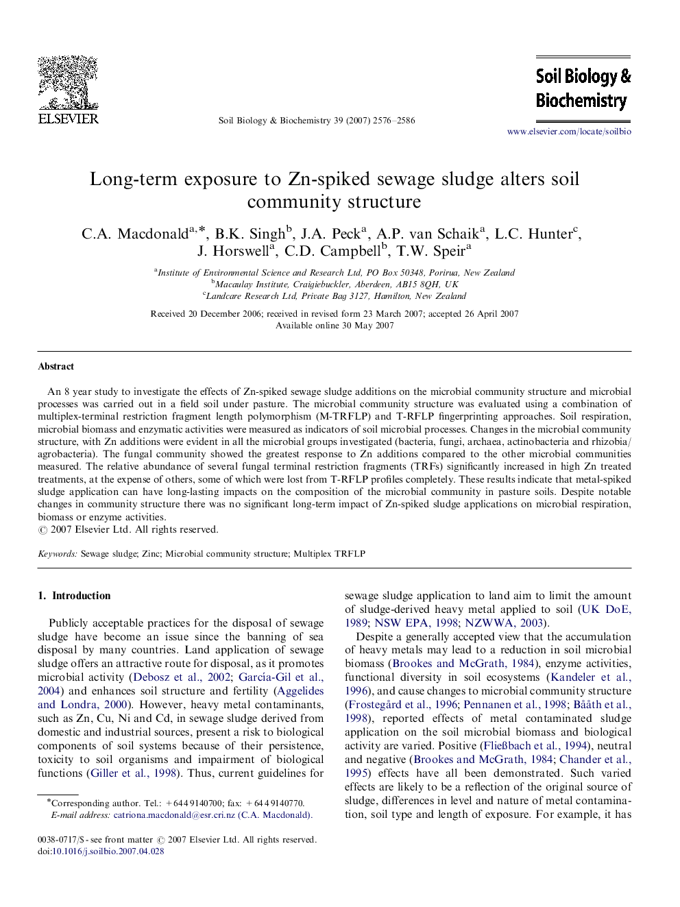 Long-term exposure to Zn-spiked sewage sludge alters soil community structure