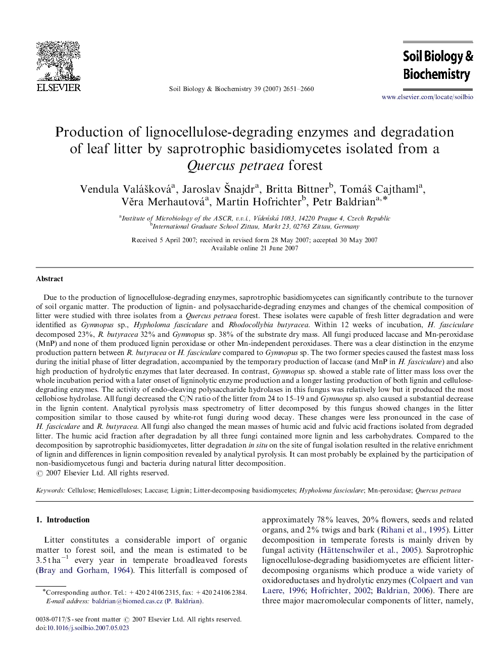 Production of lignocellulose-degrading enzymes and degradation of leaf litter by saprotrophic basidiomycetes isolated from a Quercus petraea forest