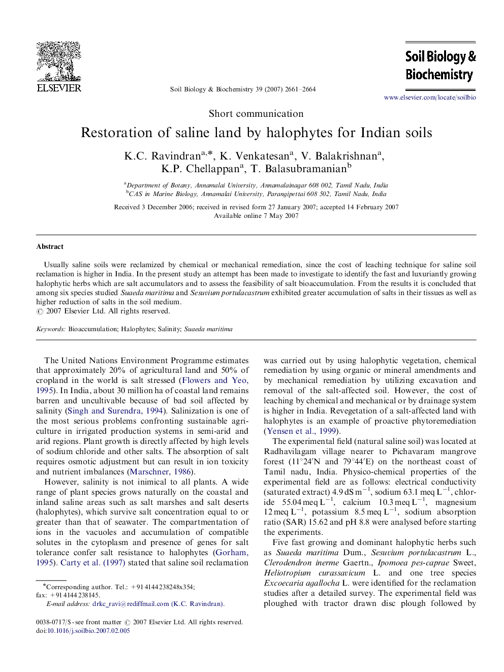 Restoration of saline land by halophytes for Indian soils