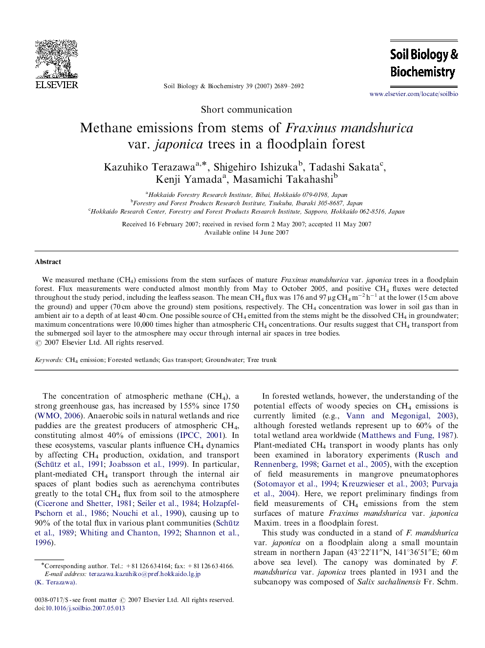 Methane emissions from stems of Fraxinus mandshurica var. japonica trees in a floodplain forest