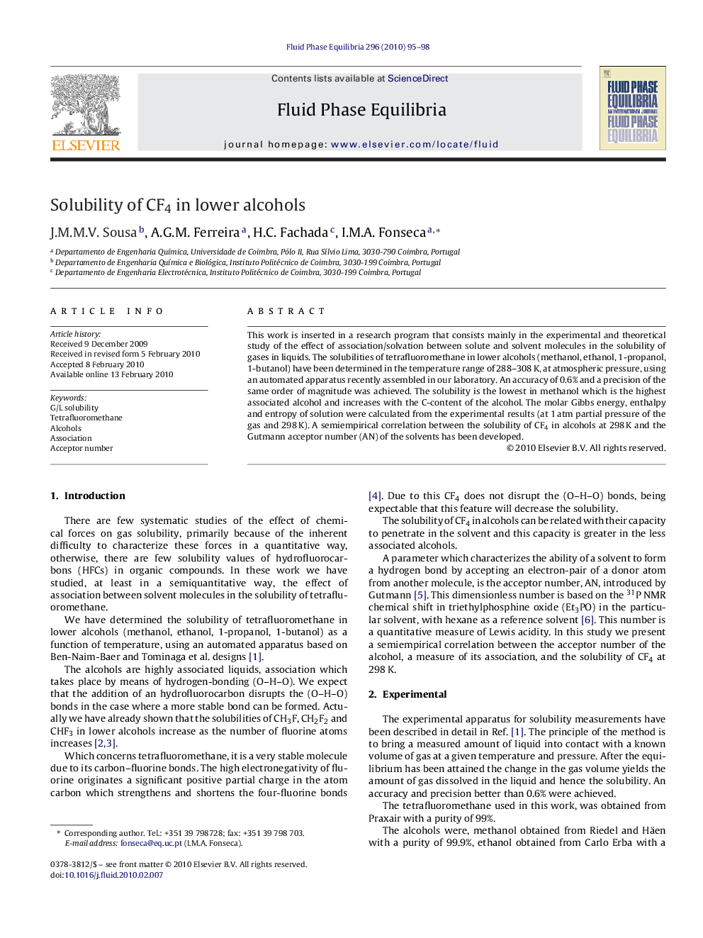 Solubility of CF4 in lower alcohols