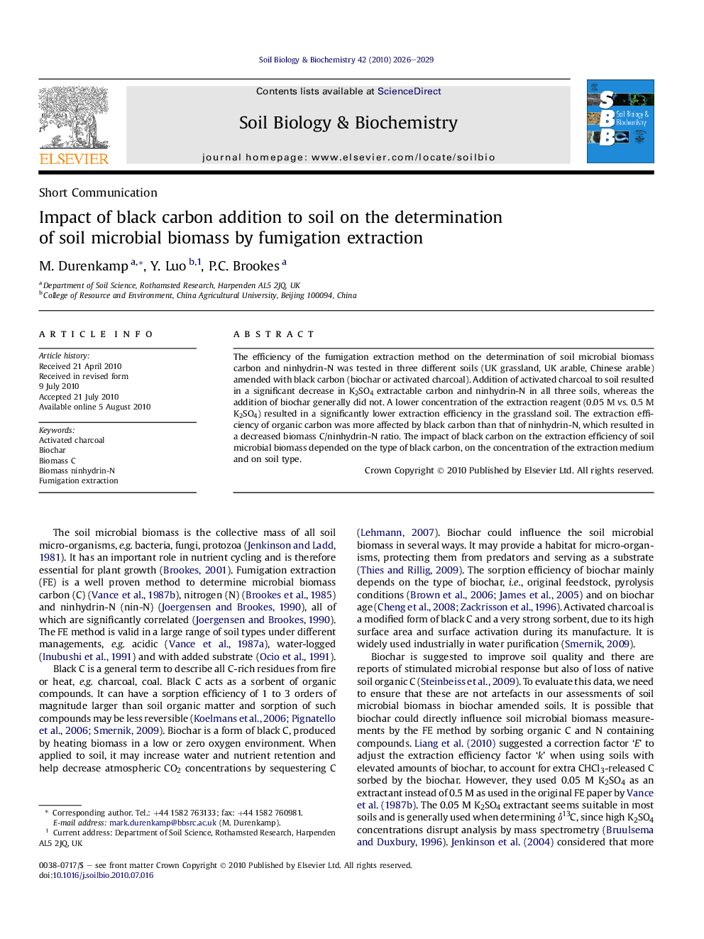 Impact of black carbon addition to soil on the determination of soil microbial biomass by fumigation extraction