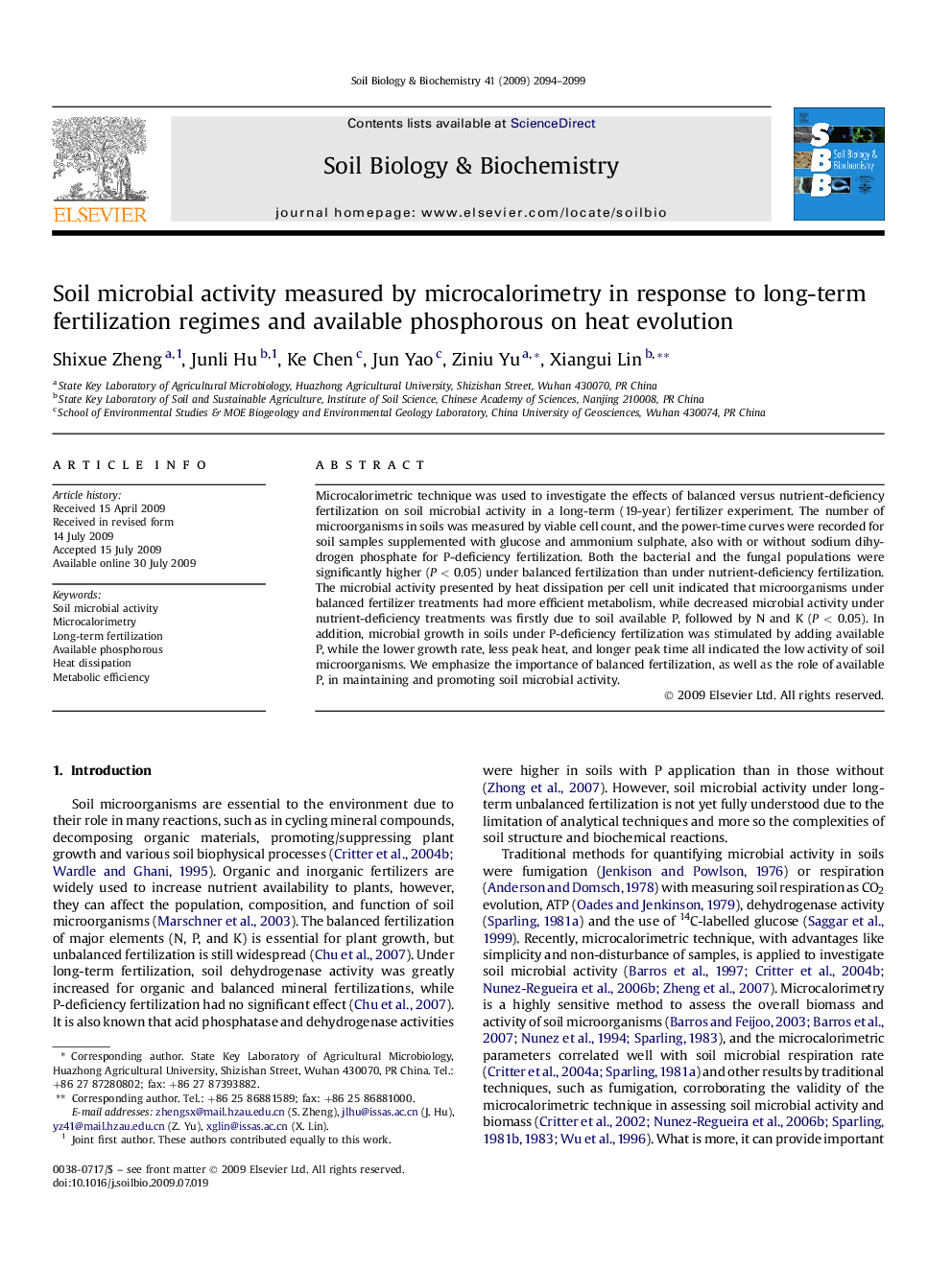 Soil microbial activity measured by microcalorimetry in response to long-term fertilization regimes and available phosphorous on heat evolution